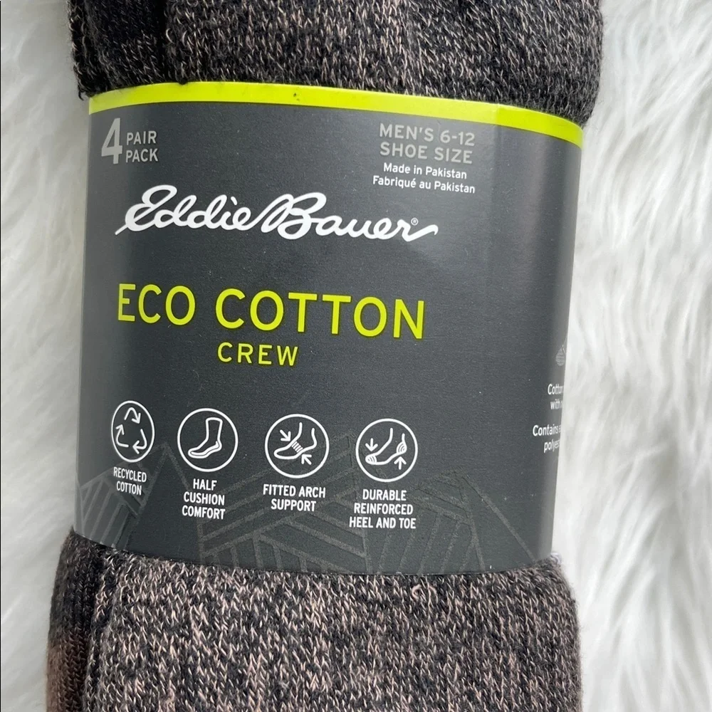 🆕 Eddie Bauer ECO Cotton Crew Socks 4 Pair Pack Men’s 6-12 Shoe Size